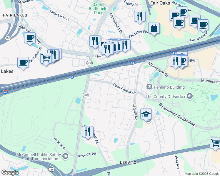 map of restaurants, bars, coffee shops, grocery stores, and more near 12261 Water Elm Lane in Fairfax