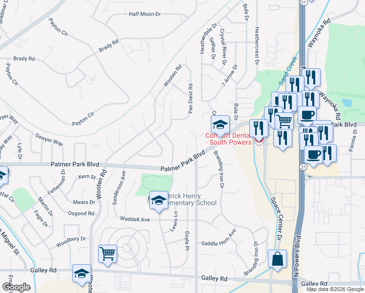 map of restaurants, bars, coffee shops, grocery stores, and more near 1565 Kenland Court in Colorado Springs