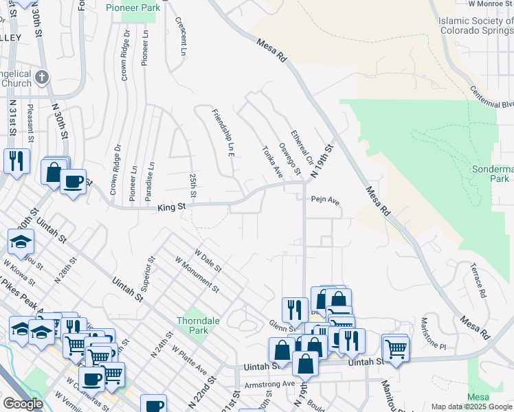 map of restaurants, bars, coffee shops, grocery stores, and more near 2125 King Street in Colorado Springs