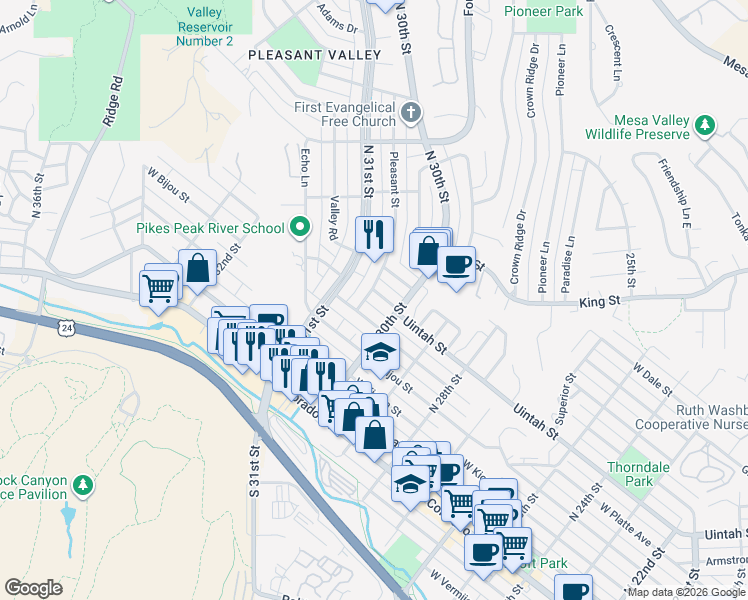 map of restaurants, bars, coffee shops, grocery stores, and more near 322 Pleasant Street in Colorado Springs