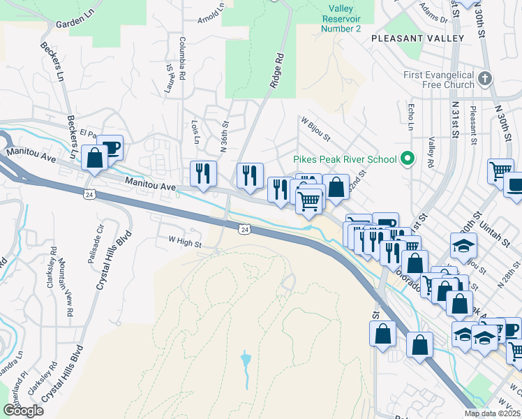 map of restaurants, bars, coffee shops, grocery stores, and more near 3436 Colorado Avenue in Colorado Springs