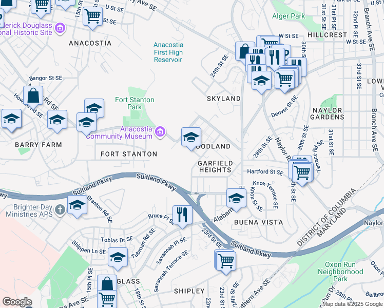 map of restaurants, bars, coffee shops, grocery stores, and more near 2335 Raynolds Place Southeast in Washington