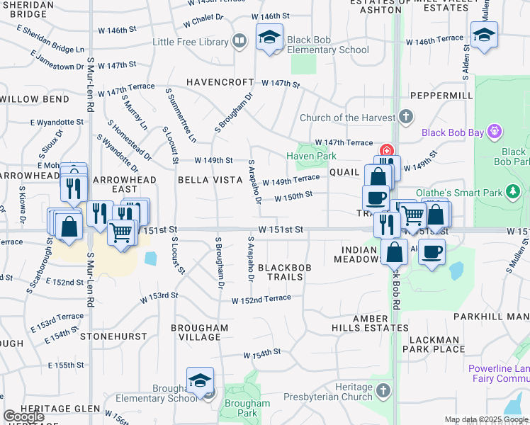 map of restaurants, bars, coffee shops, grocery stores, and more near 15017 South Arapaho Drive in Olathe