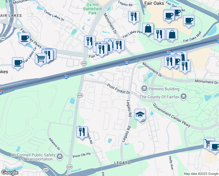 map of restaurants, bars, coffee shops, grocery stores, and more near 12244 Water Elm Ln in Fairfax