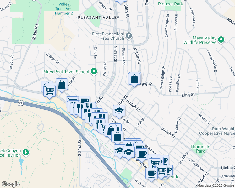 map of restaurants, bars, coffee shops, grocery stores, and more near 322 Pleasant Street in Colorado Springs