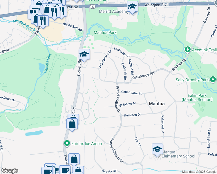 map of restaurants, bars, coffee shops, grocery stores, and more near 3405 Saint Pauls Place in Fairfax