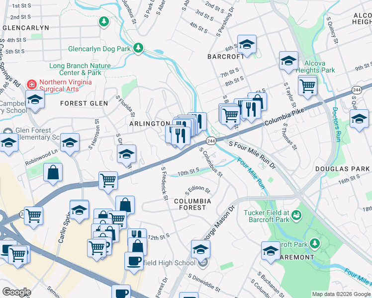 map of restaurants, bars, coffee shops, grocery stores, and more near 5017 Columbia Pike in Arlington