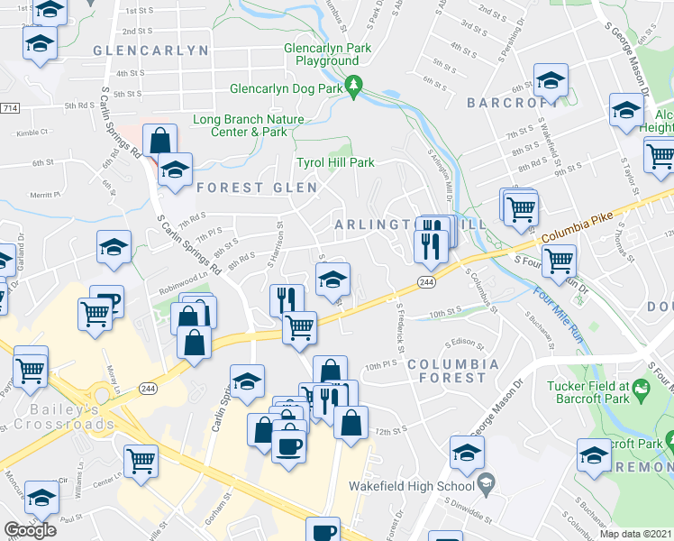 map of restaurants, bars, coffee shops, grocery stores, and more near 843 South Greenbrier Street in Arlington