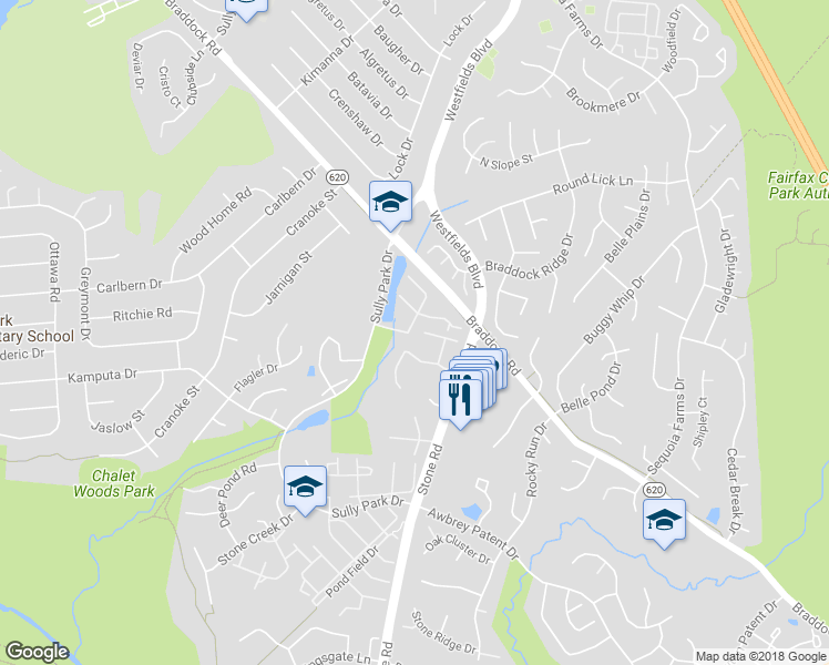 map of restaurants, bars, coffee shops, grocery stores, and more near 5559 Sully Lake Drive in Centreville