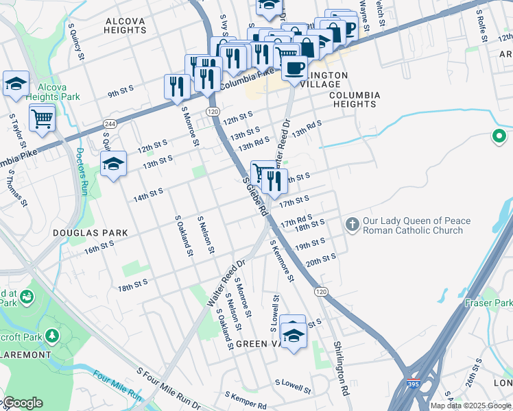 map of restaurants, bars, coffee shops, grocery stores, and more near 1614 S Glebe Rd in Arlington