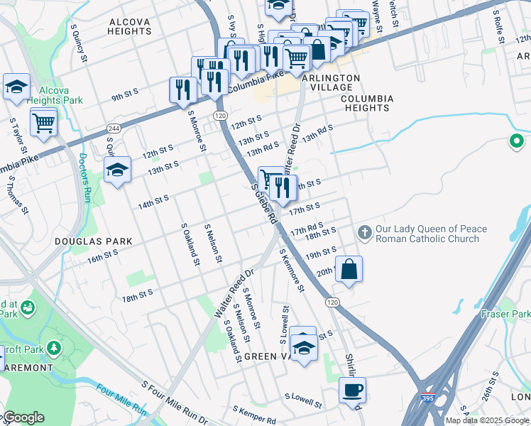 map of restaurants, bars, coffee shops, grocery stores, and more near 1614 S Glebe Rd in Arlington