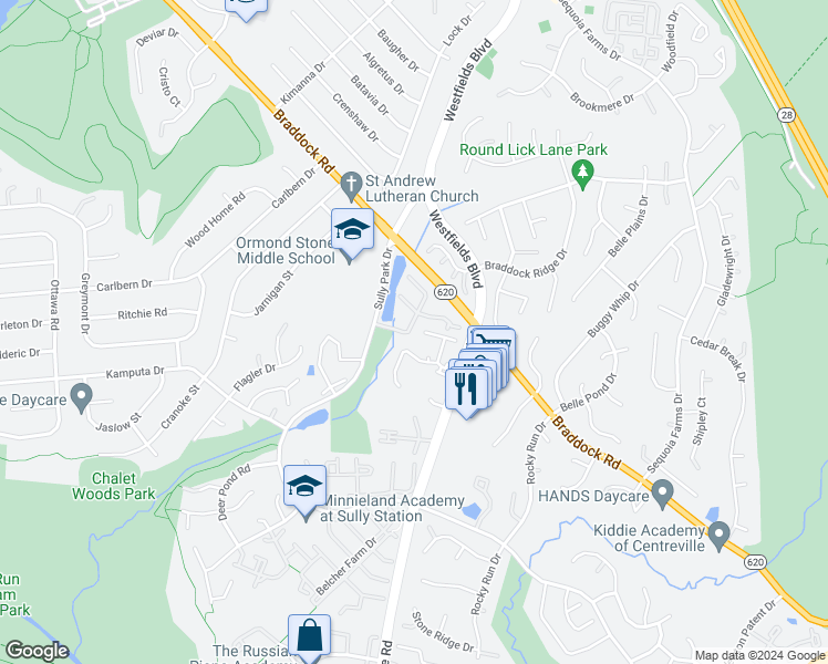 map of restaurants, bars, coffee shops, grocery stores, and more near 5559 Sully Lake Drive in Centreville
