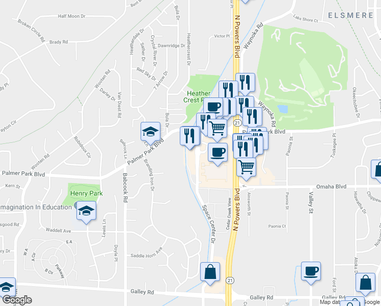 map of restaurants, bars, coffee shops, grocery stores, and more near 1580 Space Center Drive in Colorado Springs