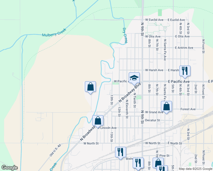 map of restaurants, bars, coffee shops, grocery stores, and more near 827 North 13th Street in Salina