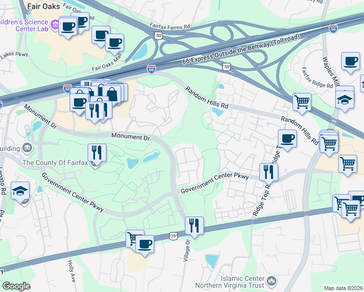 map of restaurants, bars, coffee shops, grocery stores, and more near 4220 Upper Park Dr in Fairfax