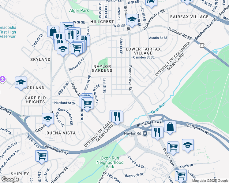 map of restaurants, bars, coffee shops, grocery stores, and more near 3204 Gainesville Street Southeast in Washington