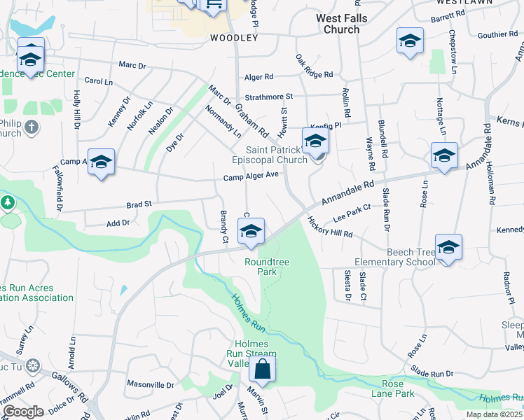 map of restaurants, bars, coffee shops, grocery stores, and more near 3351 Roundtree Estates Court in Falls Church