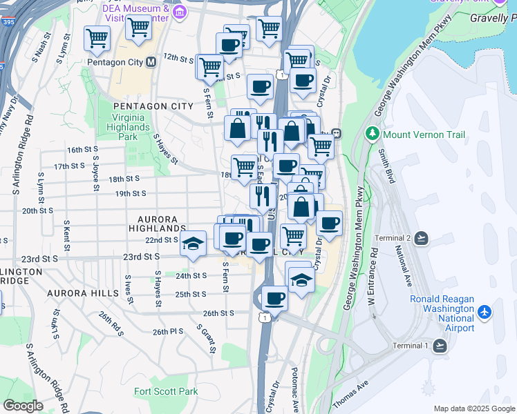 map of restaurants, bars, coffee shops, grocery stores, and more near South Eads Street & 20th Street South in Arlington