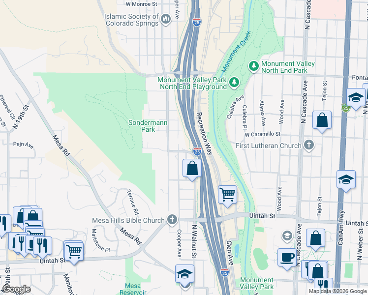 map of restaurants, bars, coffee shops, grocery stores, and more near 1520 Cooper Avenue in Colorado Springs