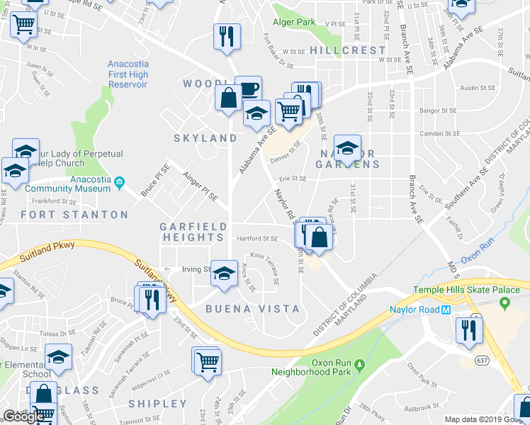 map of restaurants, bars, coffee shops, grocery stores, and more near 2809 Buena Vista Terrace Southeast in Washington