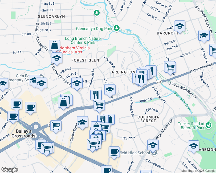 map of restaurants, bars, coffee shops, grocery stores, and more near 839 South Greenbrier Street in Arlington