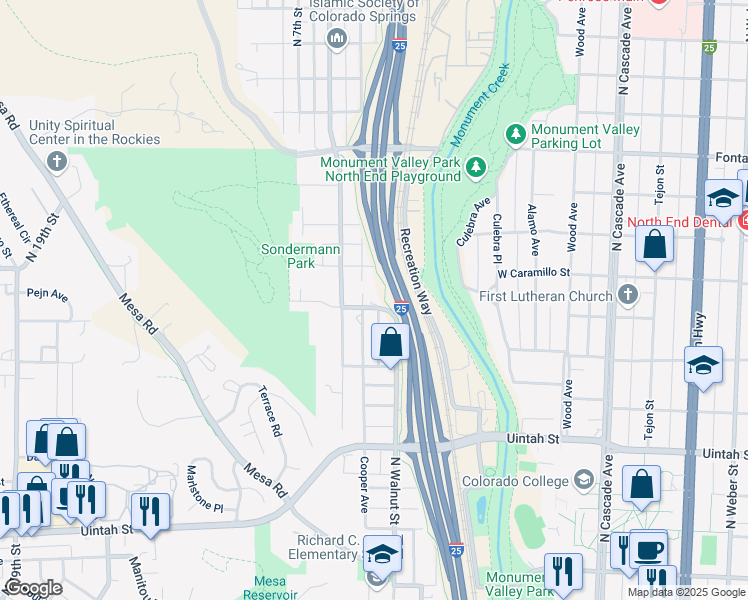map of restaurants, bars, coffee shops, grocery stores, and more near 1520 Cooper Avenue in Colorado Springs