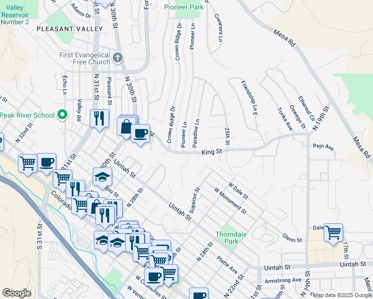 map of restaurants, bars, coffee shops, grocery stores, and more near 607 Pioneer Lane in Colorado Springs