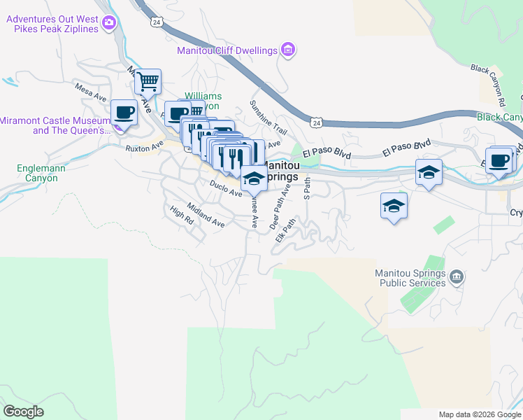 map of restaurants, bars, coffee shops, grocery stores, and more near 110 Pawnee Avenue in Manitou Springs