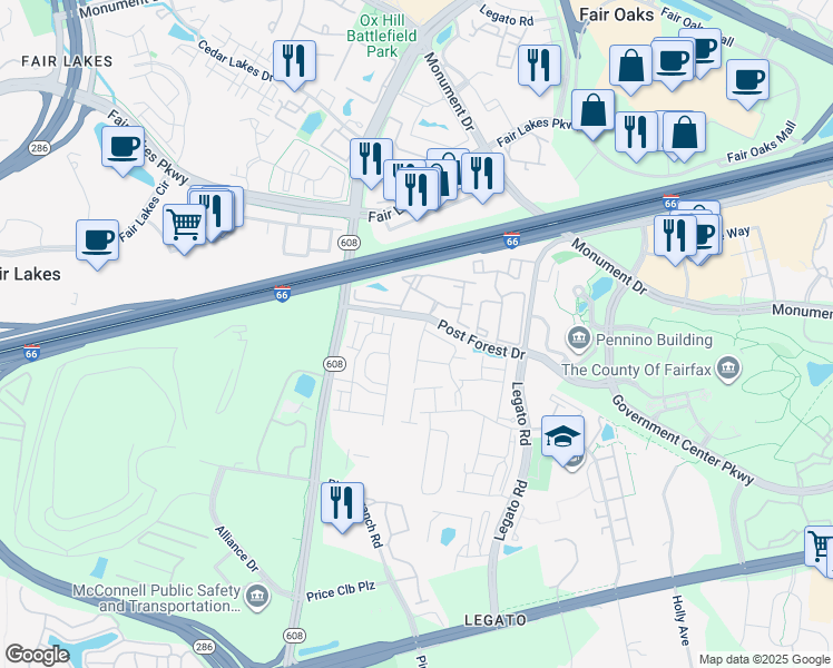 map of restaurants, bars, coffee shops, grocery stores, and more near 4450 Black Ironwood Drive in Fairfax
