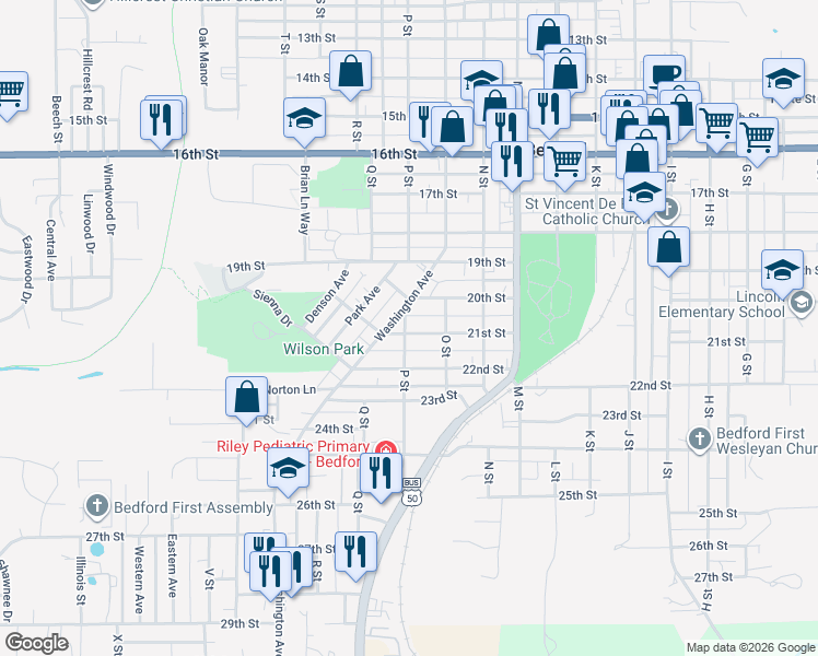 map of restaurants, bars, coffee shops, grocery stores, and more near 2032 P Street in Bedford