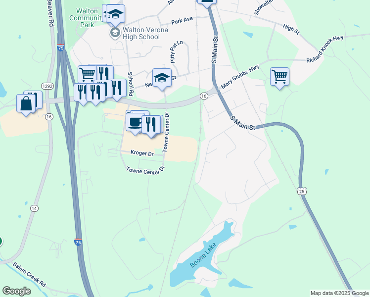 map of restaurants, bars, coffee shops, grocery stores, and more near 12300 Towne Center Drive in Walton