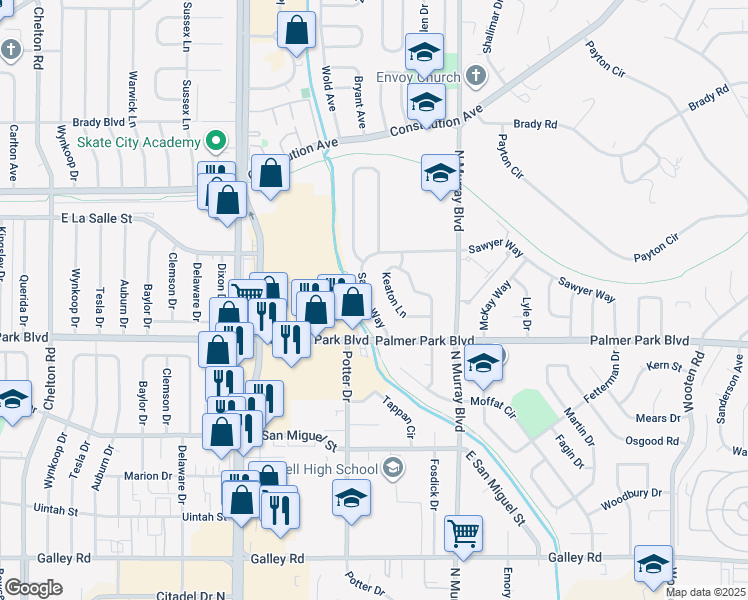 map of restaurants, bars, coffee shops, grocery stores, and more near 1630 Keaton Lane in Colorado Springs