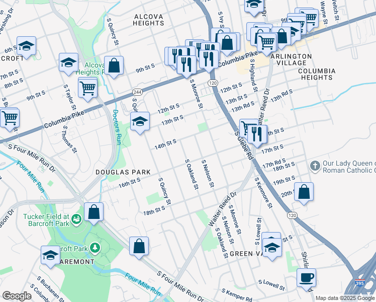 map of restaurants, bars, coffee shops, grocery stores, and more near 1505 South Oakland Street in Arlington