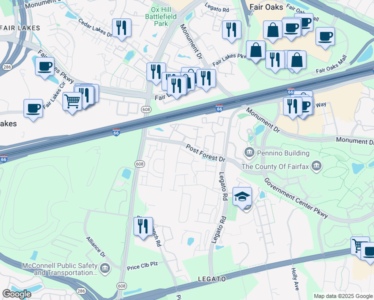 map of restaurants, bars, coffee shops, grocery stores, and more near 12252 Water Elm Lane in Fairfax