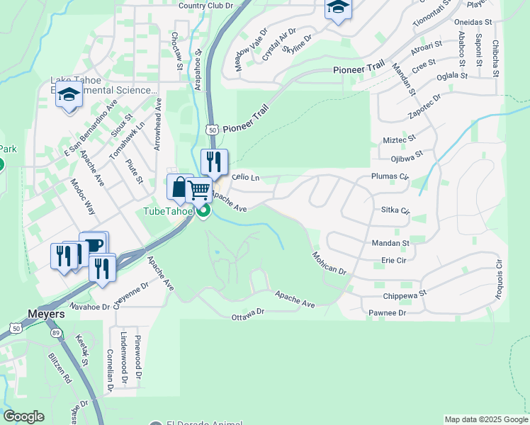 map of restaurants, bars, coffee shops, grocery stores, and more near 1911 Mohican Drive in South Lake Tahoe
