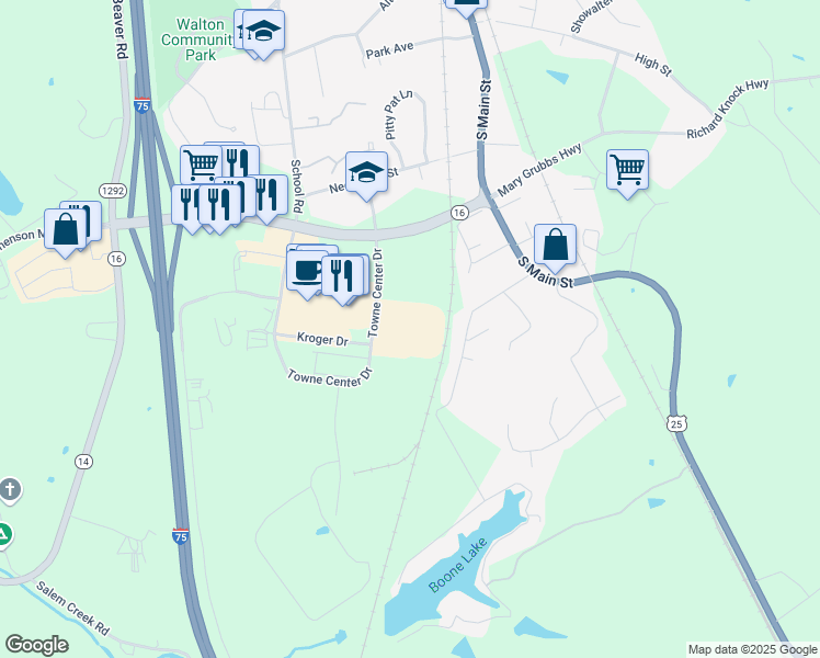 map of restaurants, bars, coffee shops, grocery stores, and more near 12300 Towne Center Drive in Walton