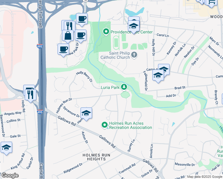 map of restaurants, bars, coffee shops, grocery stores, and more near 3203 Holly Berry Court in Falls Church