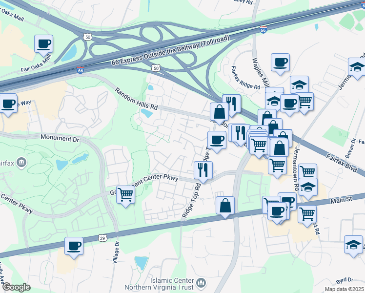 map of restaurants, bars, coffee shops, grocery stores, and more near 4114 Hazelwood Court in Fairfax
