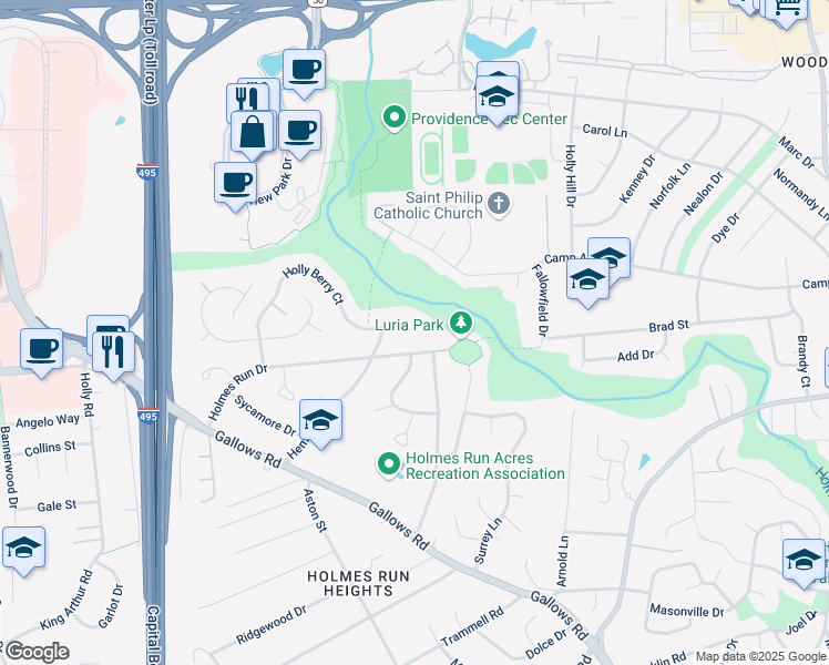 map of restaurants, bars, coffee shops, grocery stores, and more near 3203 Holly Berry Court in Falls Church