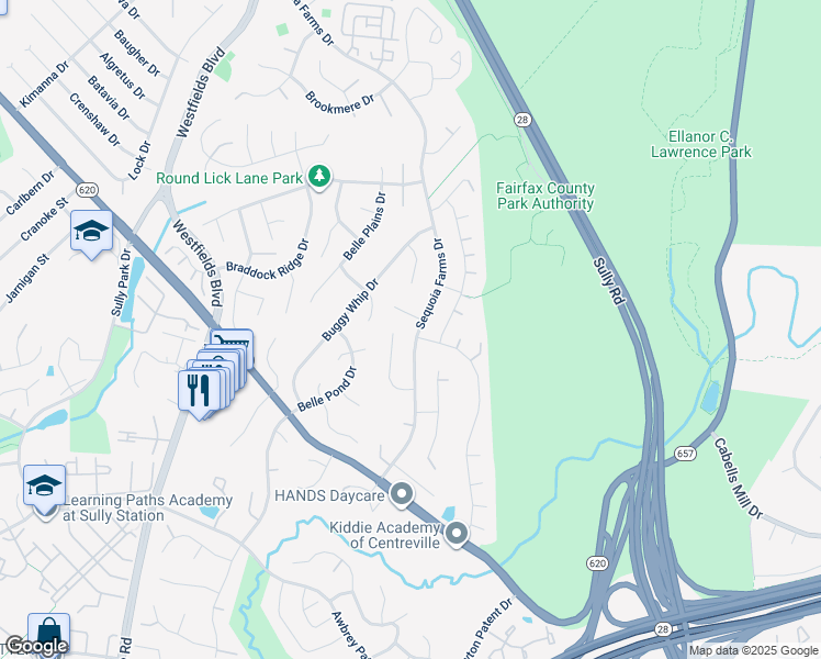 map of restaurants, bars, coffee shops, grocery stores, and more near 5436 Sequoia Farms Drive in Centreville
