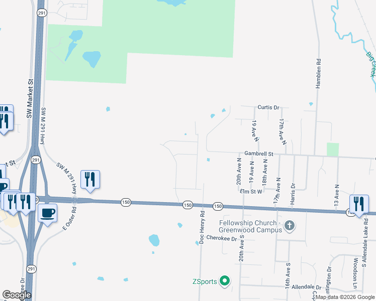 map of restaurants, bars, coffee shops, grocery stores, and more near 2204 Gambrell Street West in Greenwood