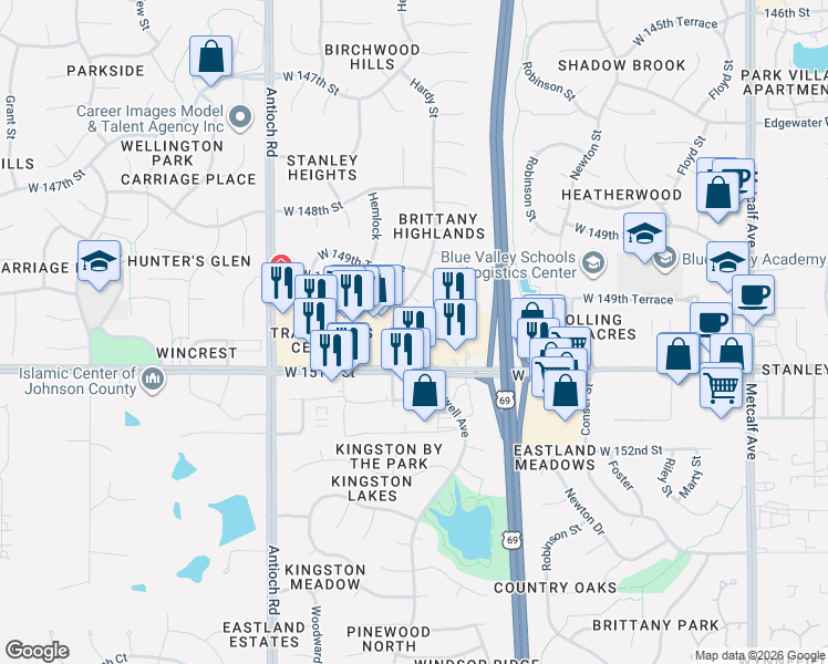 map of restaurants, bars, coffee shops, grocery stores, and more near 8030 West 151st Street in Overland Park
