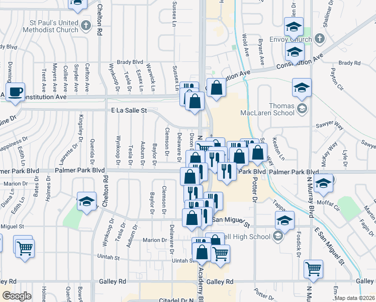 map of restaurants, bars, coffee shops, grocery stores, and more near 1618 Dixon Drive in Colorado Springs
