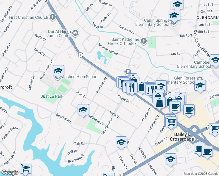 map of restaurants, bars, coffee shops, grocery stores, and more near 6084 Argyle Drive in Falls Church
