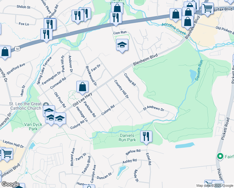 map of restaurants, bars, coffee shops, grocery stores, and more near 3514 Queen Anne Drive in Fairfax