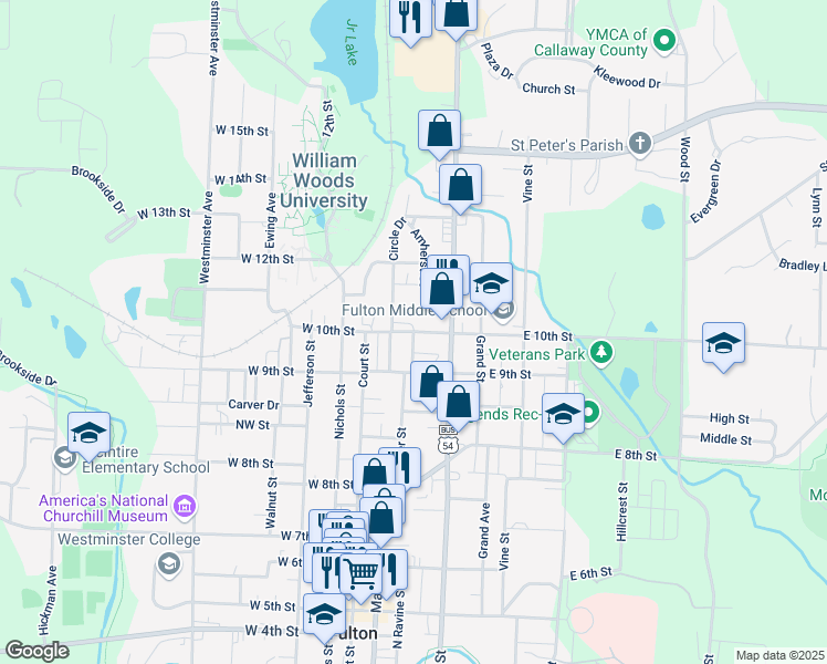 map of restaurants, bars, coffee shops, grocery stores, and more near 201-299 East 10th Street in Fulton