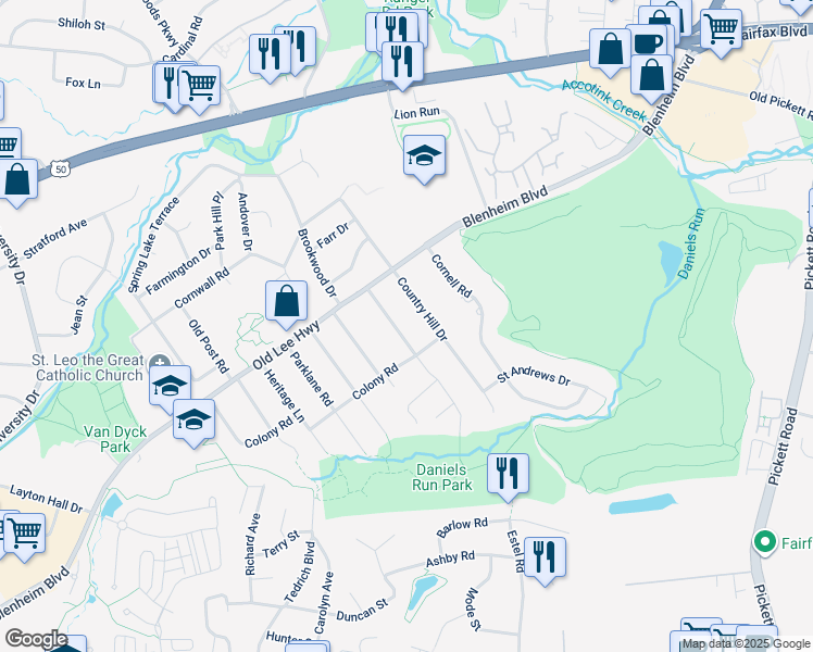 map of restaurants, bars, coffee shops, grocery stores, and more near 3514 Queen Anne Drive in Fairfax