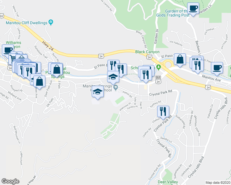 map of restaurants, bars, coffee shops, grocery stores, and more near 401 El Monte Place in Manitou Springs