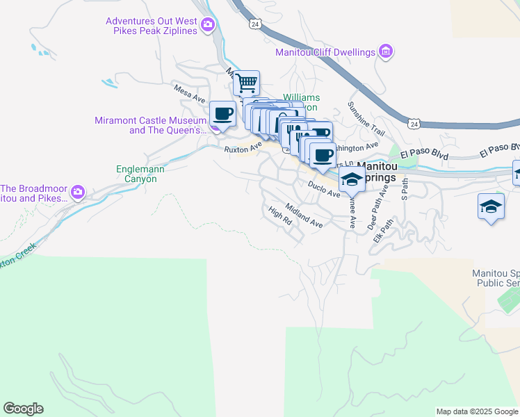 map of restaurants, bars, coffee shops, grocery stores, and more near 410 Uinta Road in Manitou Springs