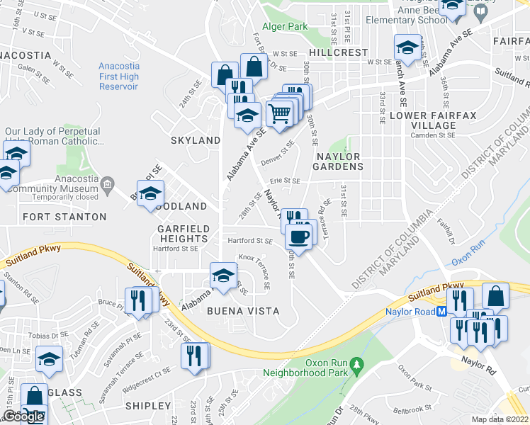 map of restaurants, bars, coffee shops, grocery stores, and more near 2818 Buena Vista Terrace Southeast in Washington